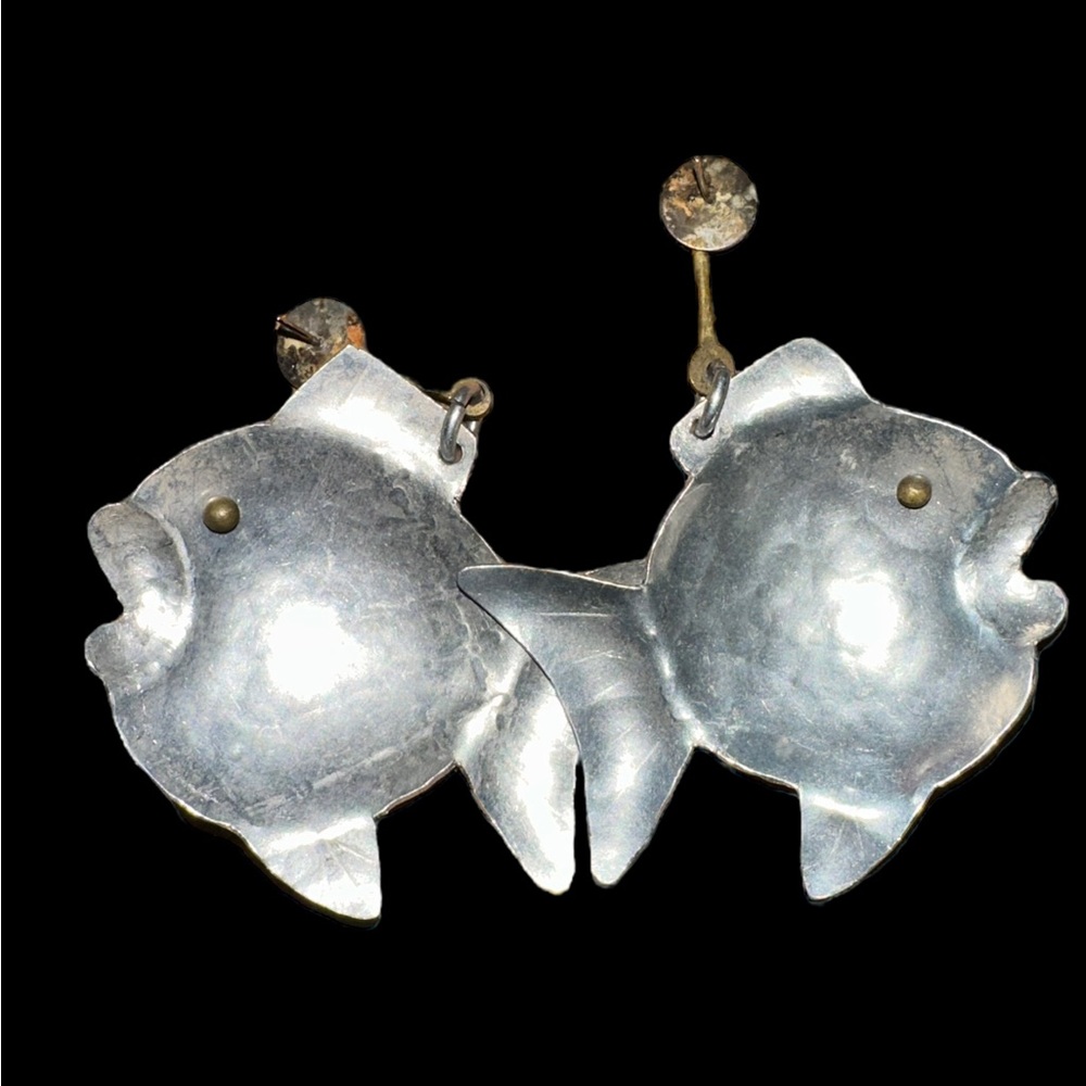 Aluminum and Brass Kissing Fish Earrings 3” - Picture 3 of 5